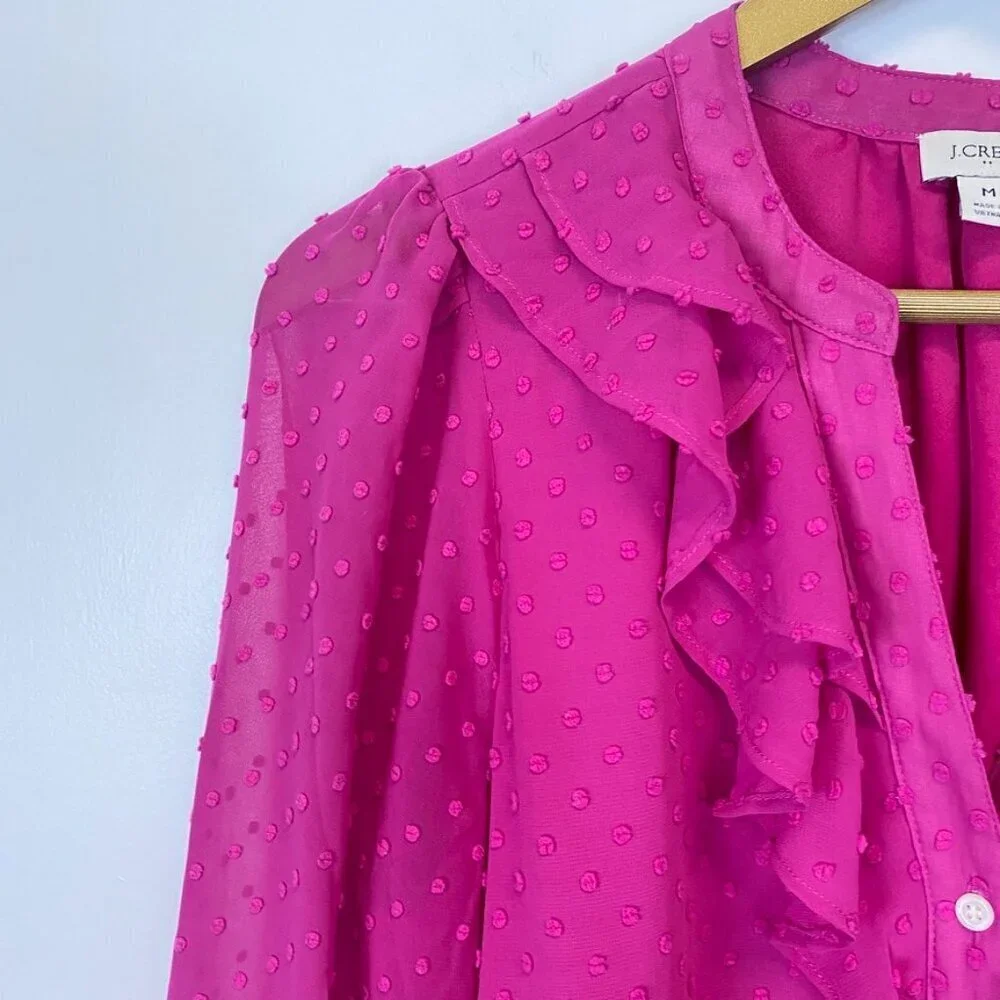 J. Crew Pink Textured Chiffon Ruffle Button Up Blouse
